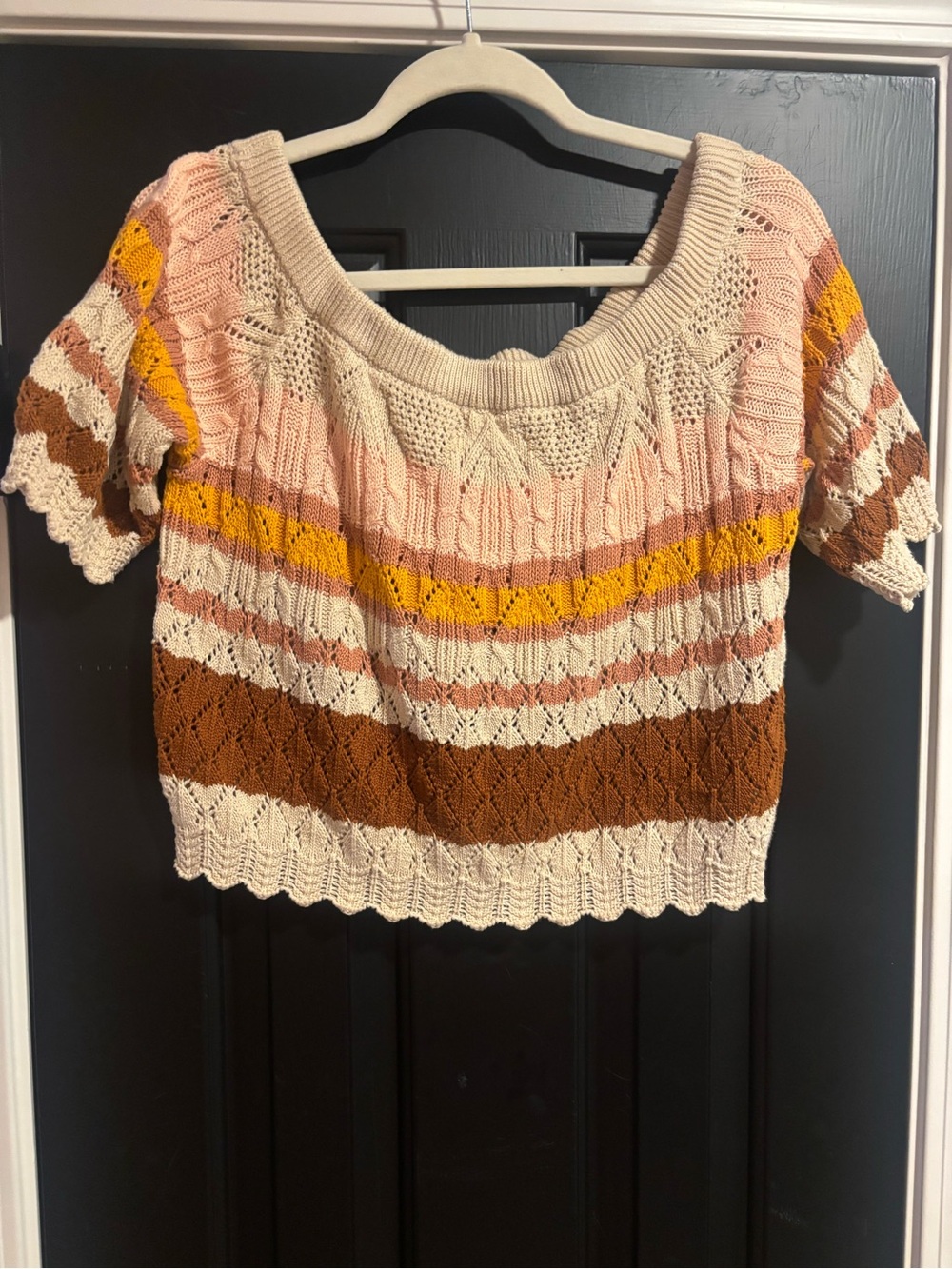 Off-the-Shoulder Striped Knit Sweater in Pink, Cream & Brown